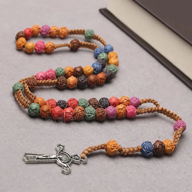 Colorful Cross Pendant Necklace Catholic Rose Rosary Jesus Christian Prayer Beaded Necklace Religious Jewelry
