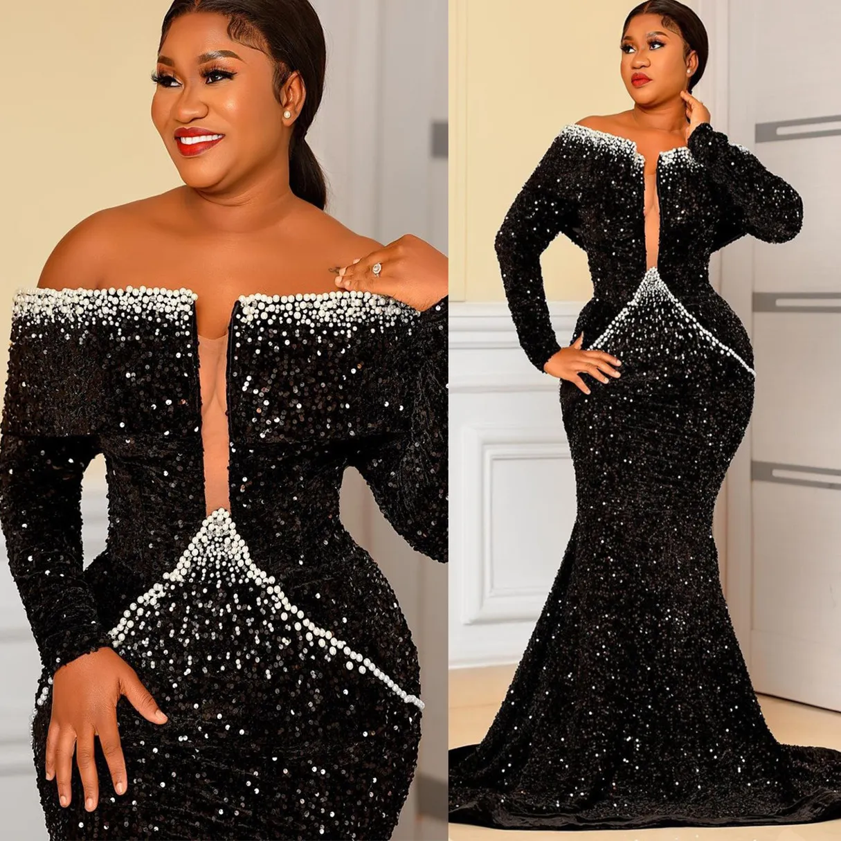 2023 Arabisch Aso Ebi Black Mermaid Prom Dresses Parels kralen avond formeel feest tweede receptie verjaardagsbetrokkenheid bruidsmeisjes jurken jurk zj3076