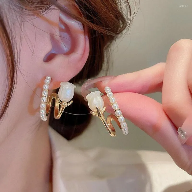 Studörhängen C-formad dubbellager Imitation Pearl Earring Party Charm smycken Flower