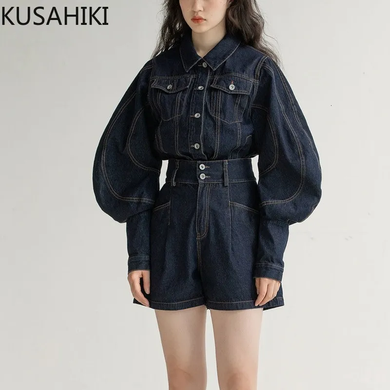 Kvinnors jumpsuits rompers kusahiki puff hylsa demin blus skjorta hög midje shorts sätter höst koreansk mode två bitar 230322