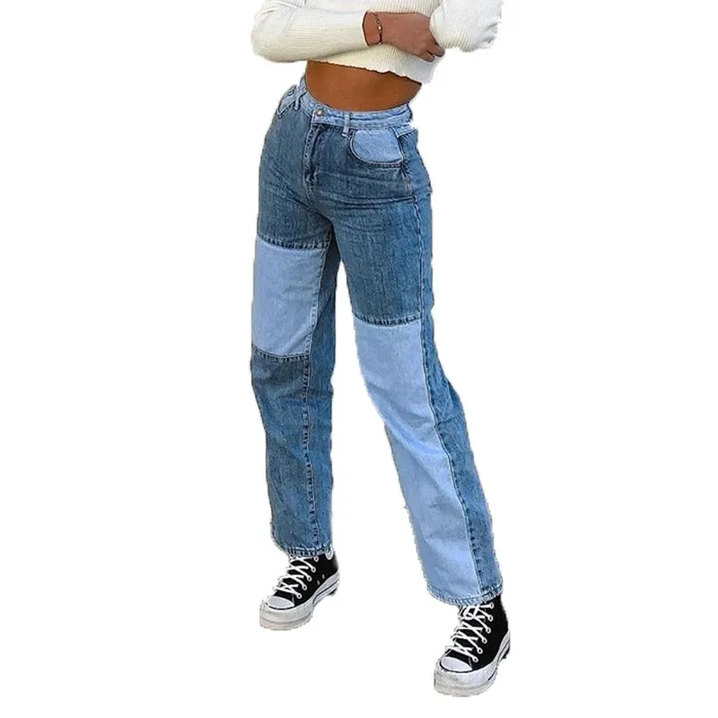 High Waist Patchwork Straight Jean for Women 2023 Sping Casual Loose Denim Pants Ladies Vintage Boyfriend Mom Jeans Trousers