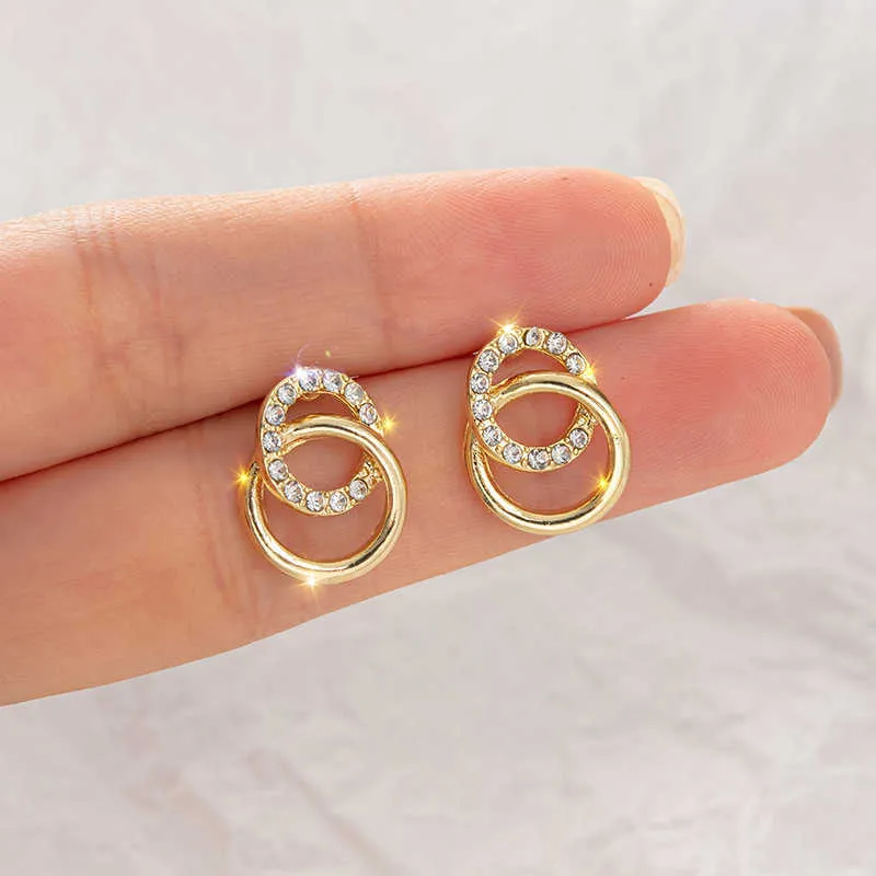 Charm 2021 Korean Simple Double Circle Gold Color Metal Rhinestone Drop Earrings For Women Fashion Small Pendientes Jewelry Gifts Z0323