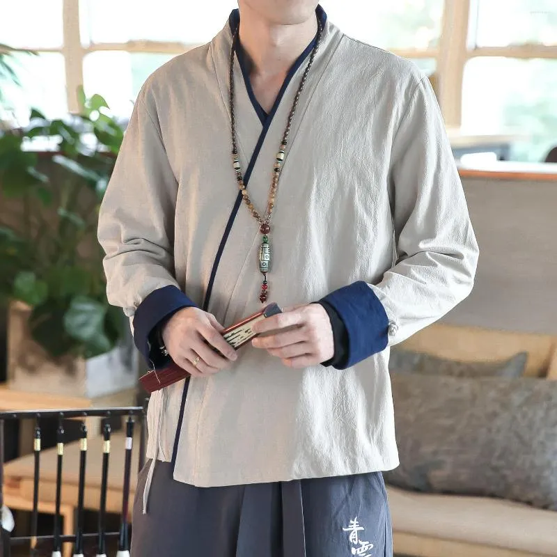 Camisas casuais masculinas Aransue Spring Autumn estilo chinês Slant Front Collar Outwear Casa de manga longa Hanfu Top Top