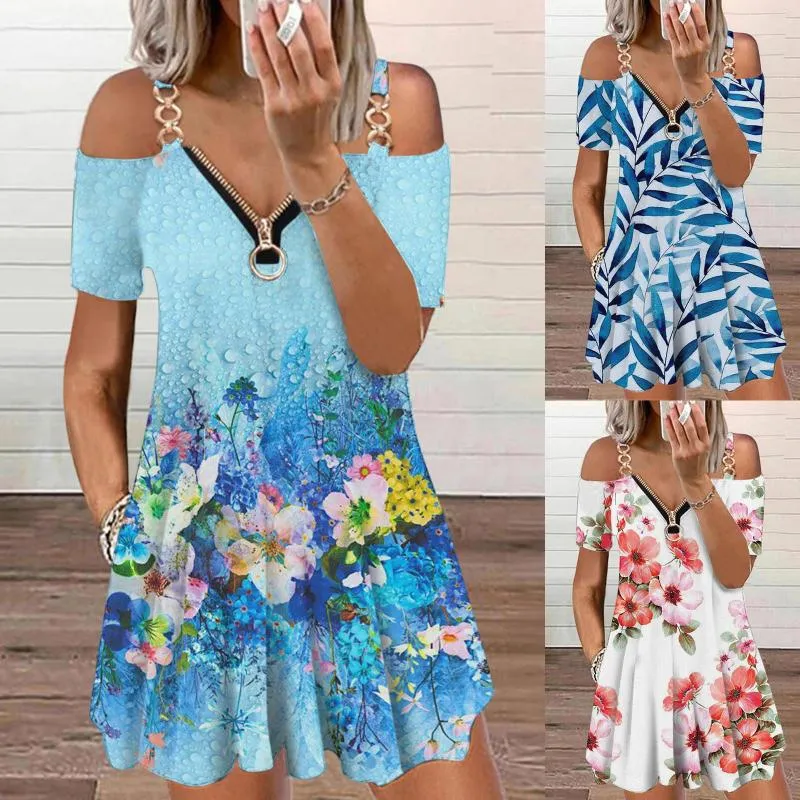 Casual Dresses Womens Loose Fit Dress Women Cold Shoulder Short Sleeves V Neck Zipper Print Shirt Twin For