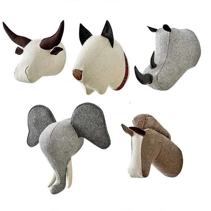 Wall Decor Cute Elephant Plush Stuffed Dolls Wall Mount Animal Head for Kids Room Decor Toy Dog Horse Rhino Buffalo Kids Room Birthday Gift 230323