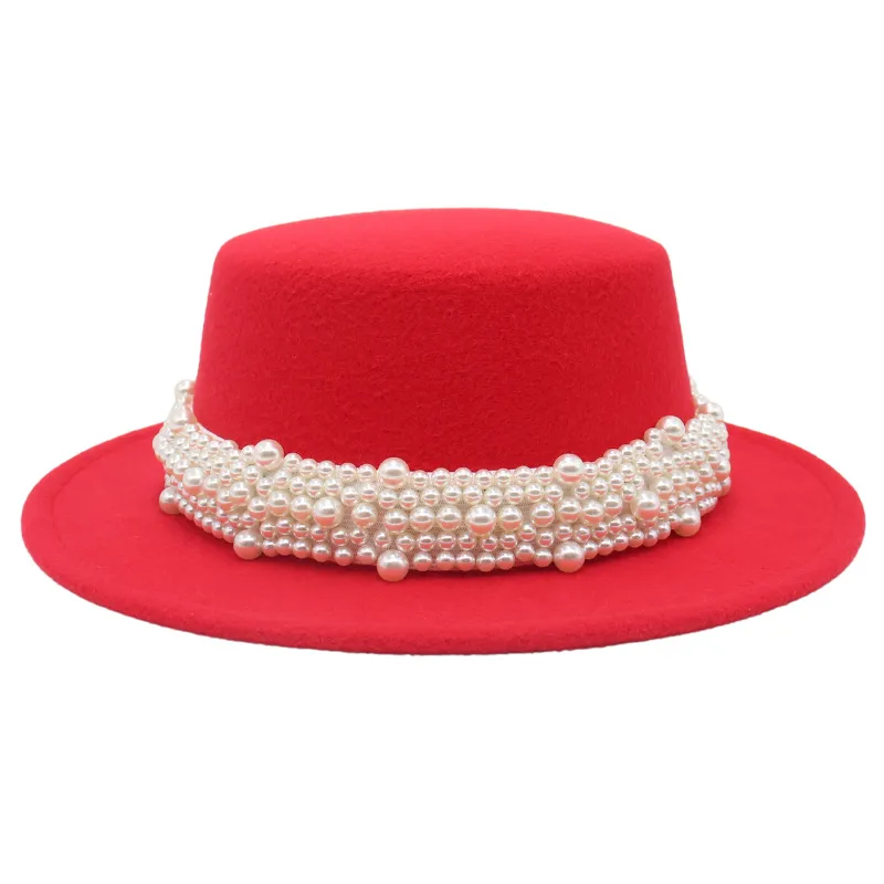 Chapéus de fedoras de pérolas lisadas para mulheres imitação de lã Jazz tampo francês Campo francês chapéus elegantes chapéus sentiu um capitão de capacete sunhat