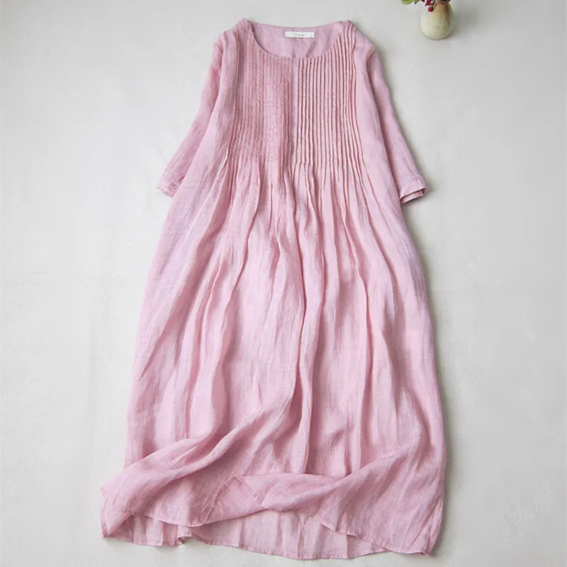 Casual Dresses 100% Natural Cotton Linen Summer Dress Women Vintage Literature and Art Organ Pleated Mid-length Long Dresses 230323