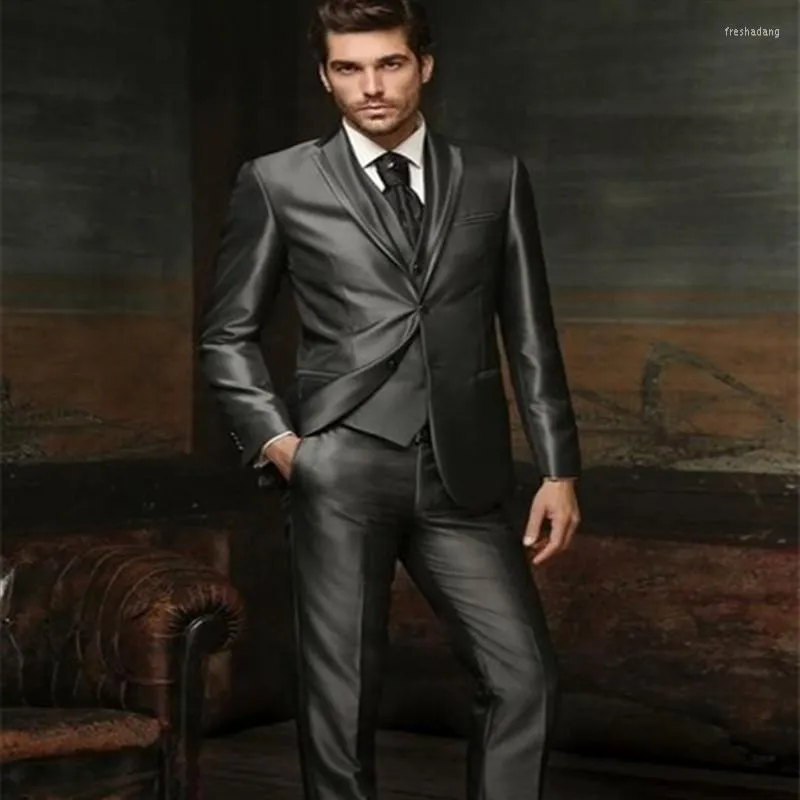 Erkekler Suits Custom Suit Est Damat Smokin Parlak Koyu Gri Sağdısmen Notch yaka Düğün/Akşam Yemeği Bride damat