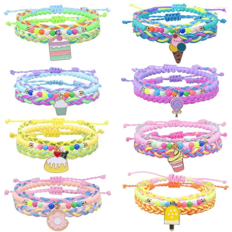 Charm Bracelets Youth Dessert Series Woven Bracelet Colorful Beads Wax Line Friendship Hand Rope 3 Pieces Set For Women