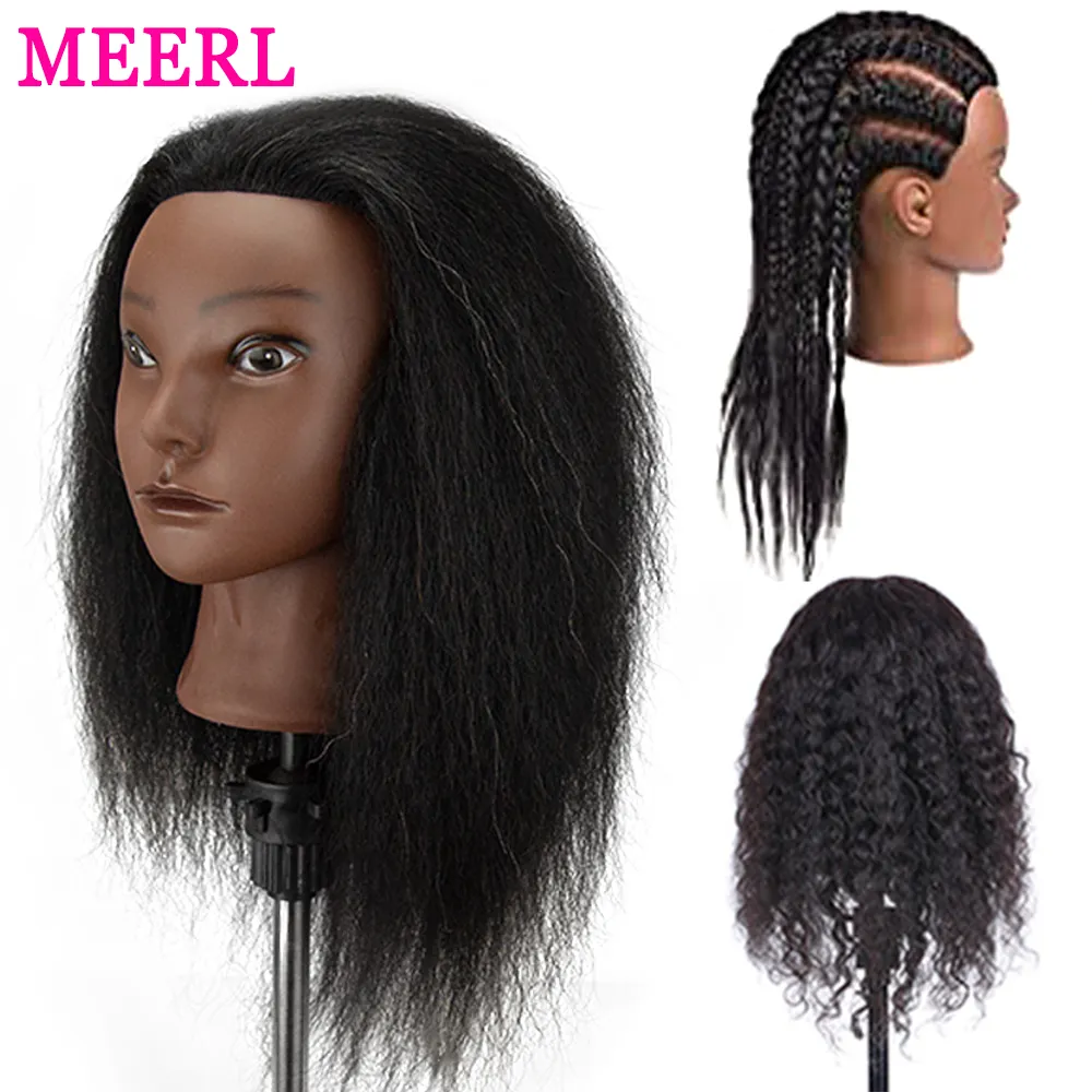 Mannequin Heads Afro Mannequin Head 100%Real Hair Styling Head Braid Hair Dolls Head för att öva Cornrows och flätor med bordsklämstativ 230323