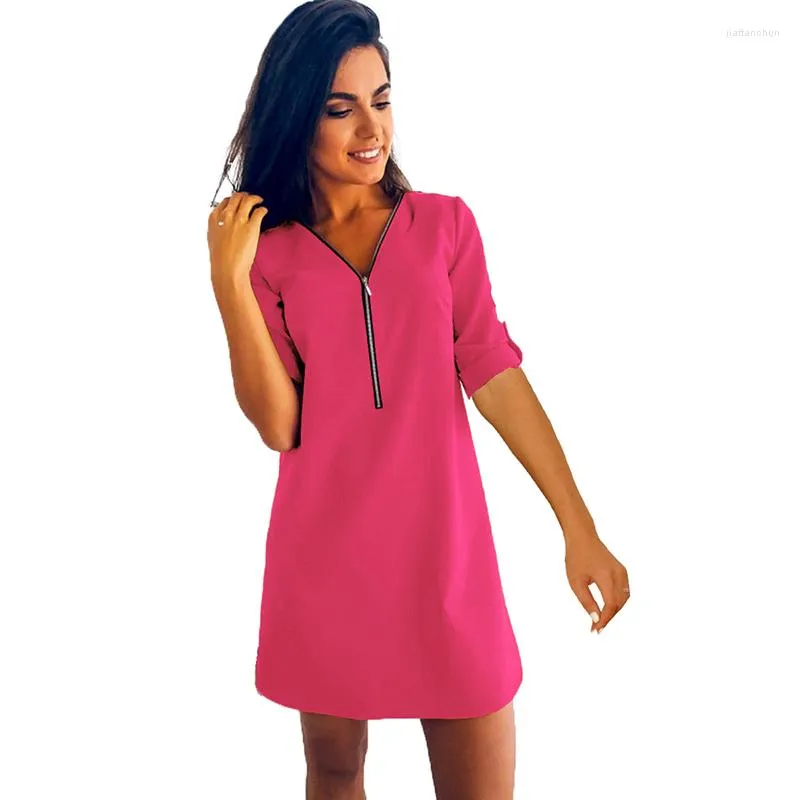 Casual Dresses Sexy Dress Women Zip Up Half Sleeve Loose 2023 Summer V Neck Solid Elegant Pink Blue Vestidos Feminino