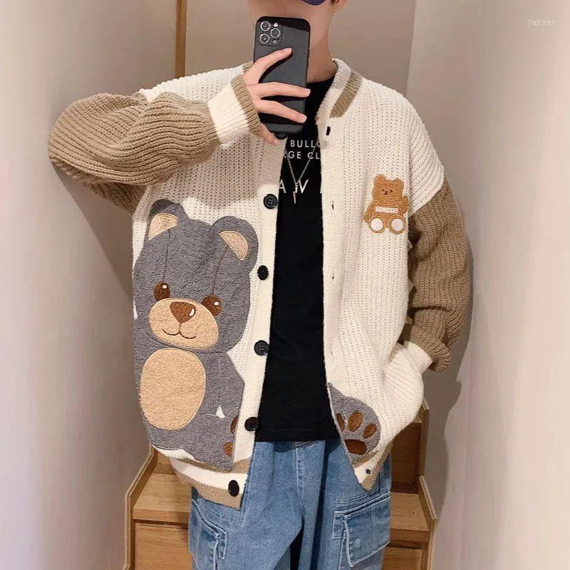 Men's Sweaters Men Autumn Winter Coat Mens Korean Fasion Sweater Cardigan Knitwear Cold Blouse Bear Embroidery Knitting Splice Loose