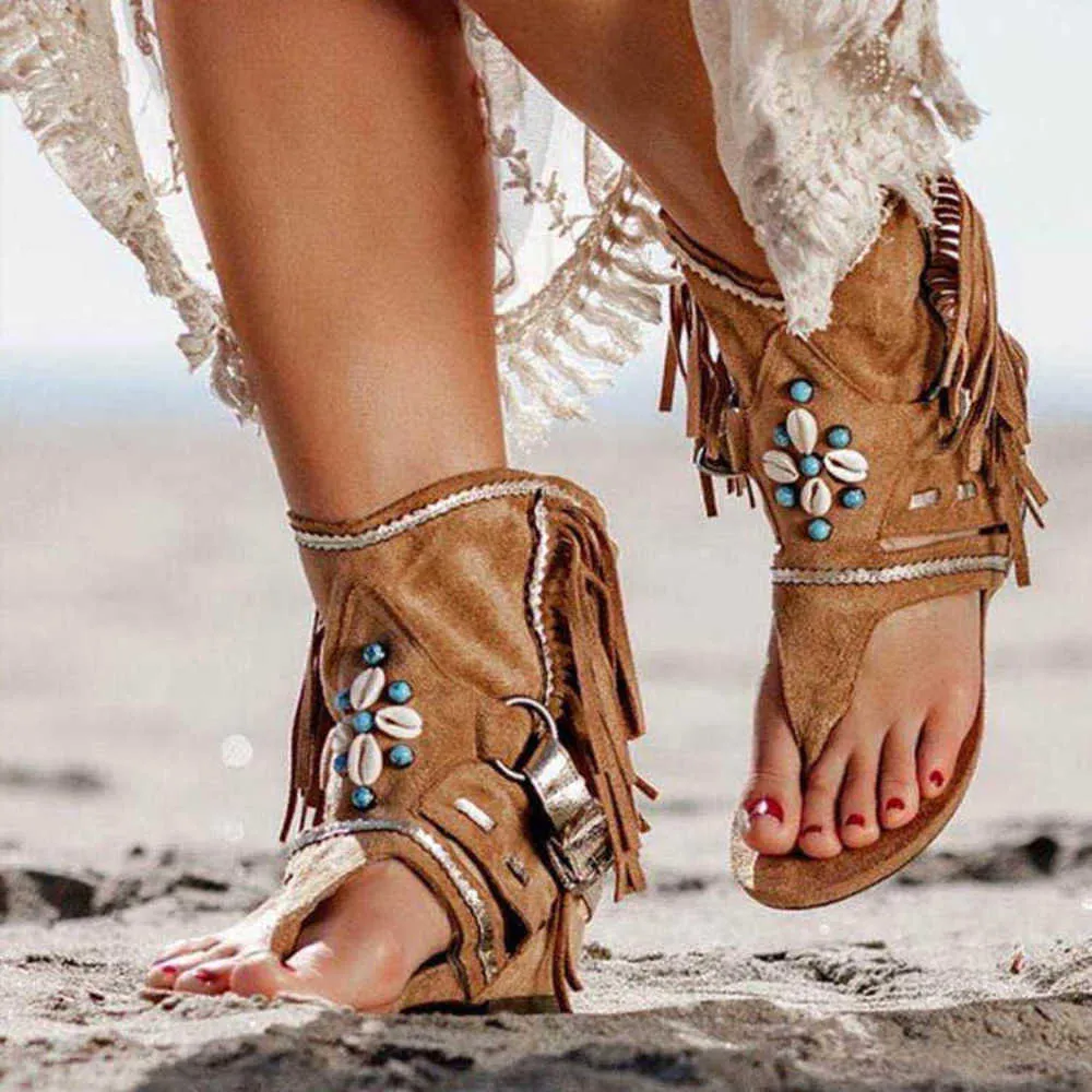 Retro Women Fringe Flower Zeppe Scarpe 2022 Solid Flock Beach Sandali casual Donna Estate Sandali infradito 230202