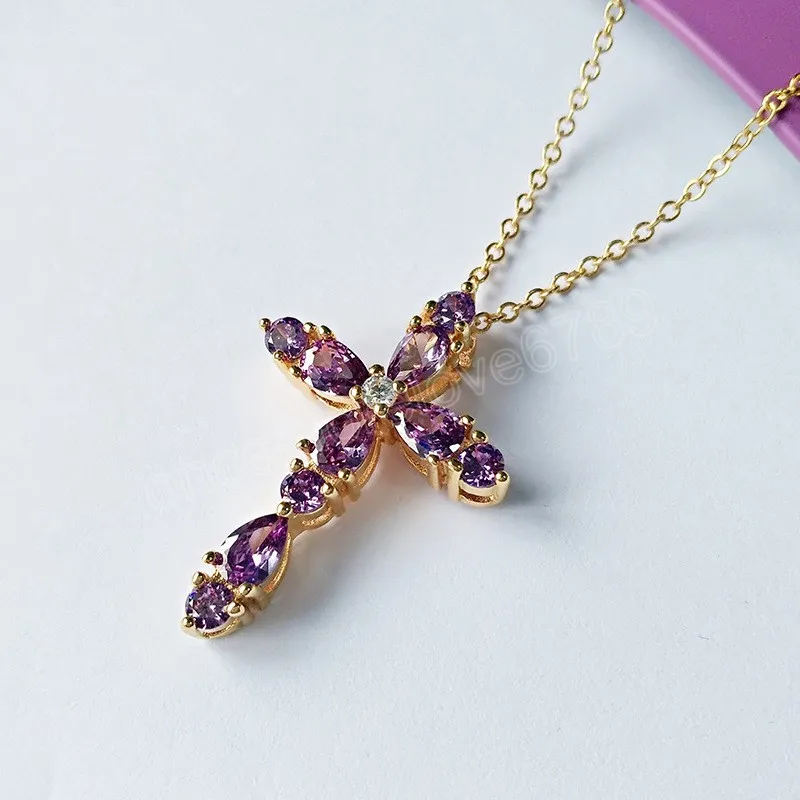 Fashion Female Zircon Pendants Imitation Amethyst Crystal Jesus Cross Necklaces for Women Jewelry Gift