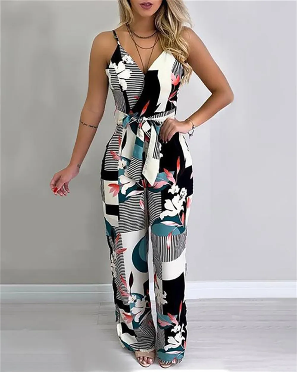 Women's Jumpsuits Rompers Women Wide Leg Long Pants Jumpsuit Floral Printed Sling V-Neck Low Chest Loose Romper Long Jumpsuit Back Zipper Up Summer 230323