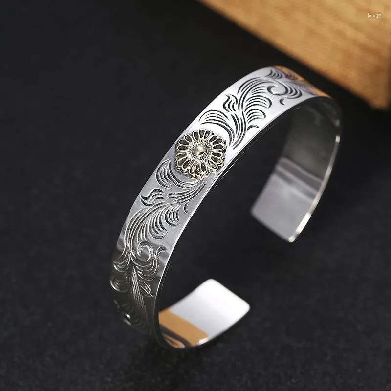 Bangle Men 925 Sterling Silver Mönster Solrosöppning Armband thailändska smycken gåvor