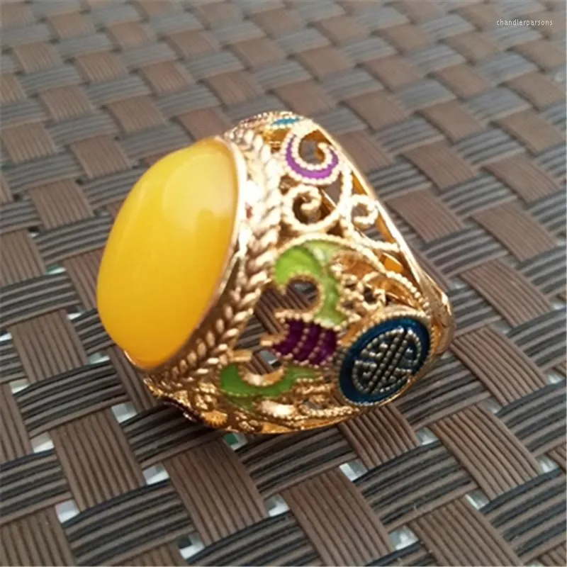 Klusterringar vintage gul bärnsten cloisonne ring bivax kvinnor män finger