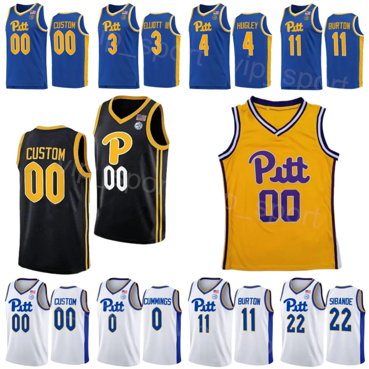 Basketball College Nelly Cummings Jersey Pittsburgh Panthers 0 Nelly Cummings 3 Greg Elliott 4 John Hugley IV 2 Blake Hinson preto azul amarelo branco costurado na NCAA