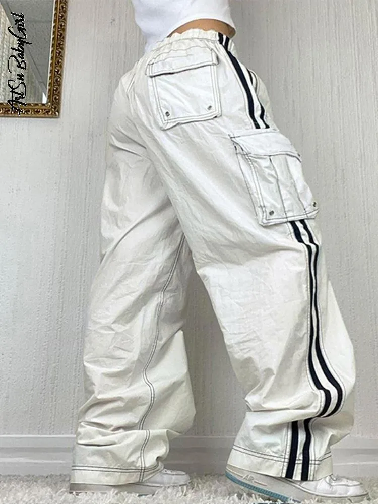 Damesjeans Baggy White Pant Low Rise Cargo Jogging Lace Up Wide Been Side Stripe Streetwear Losse denim broek 230323