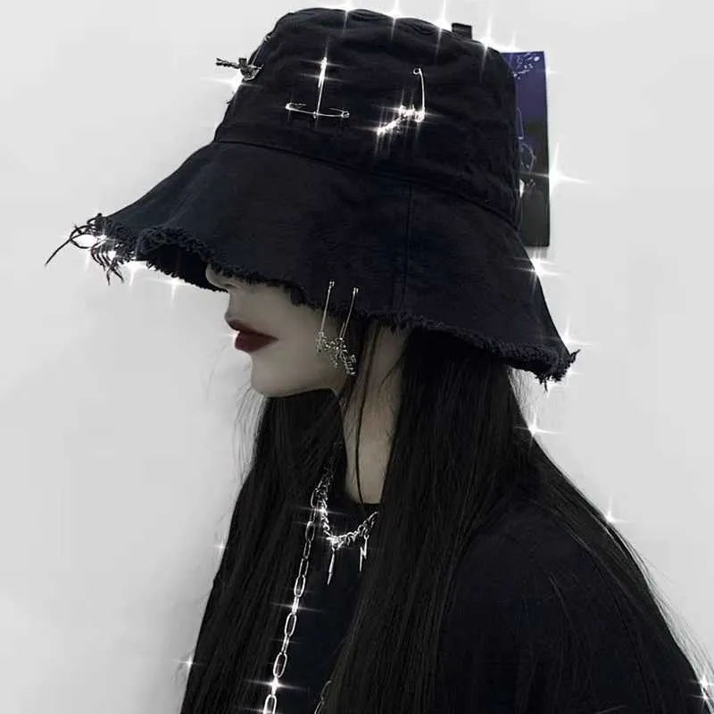 와이드 브림 모자 블랙 하라주쿠 몰 고스 모자 여성 남성 소녀 펑크 Emo Dark Academic Aesthetic Cross Brim Caps Fairy Grunge Hat Bucket Alternative G230323