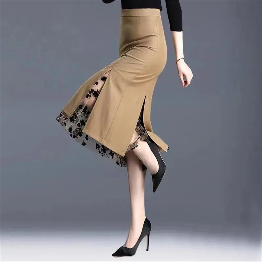 Skirts FairyShely Women Spring Summer Irregular Mesh Band Splice High Waist Knee Khaki Split Office Lady 230322