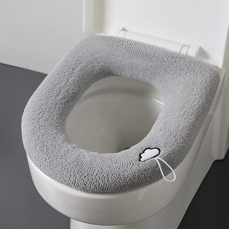 Toilet Seat Covers Universal Cover Pure Color Winter Warm Closestool Soft Cloud Handle Thicker Washable Removable Bathroom Accessories