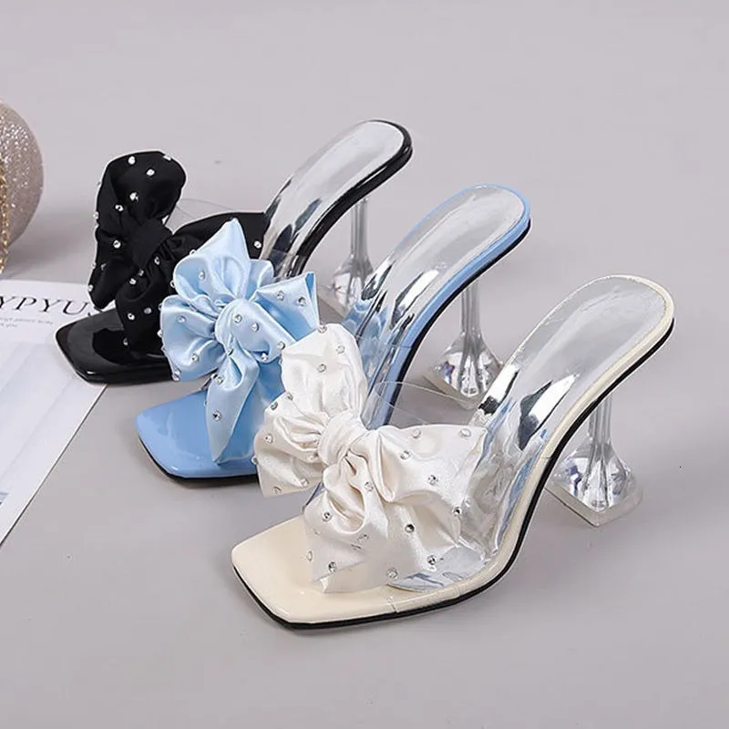 Robe Chaussures Femme Sparkly Bow Talons Mode Bling Transparent Bouts Pointus Sandales Élégant Slingback Cristal Femme Parti Pompes 230323