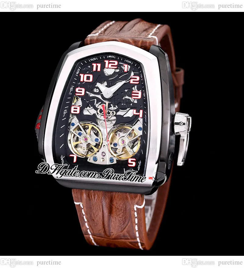 Twin Turbo JCFM05 Double tourbillon automatique pour hommes Regarder deux tons rose doré squelette rouge cadran en cuir marron Ligne blanche Super Sports Car Watches Puretime E5