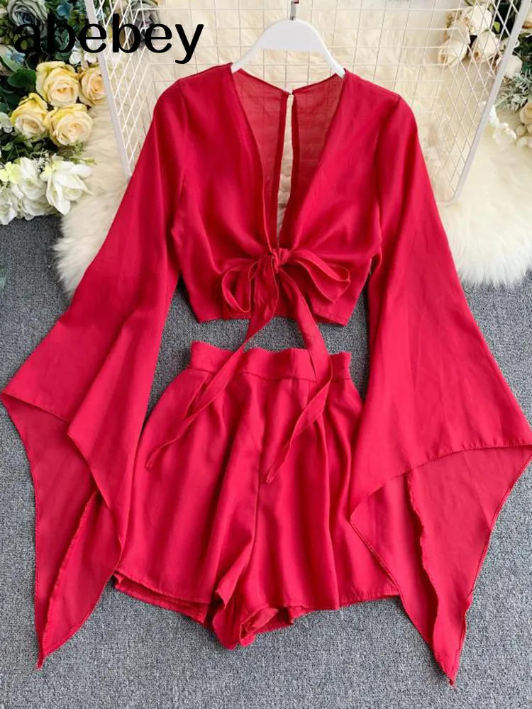 Women s Two Piece Pants Summer 2 Outfits For Women Flare Sleeve Crop Top Broad legged Shorts Fashion Ladies Sexy Solid Chiffon Suit Set 230322