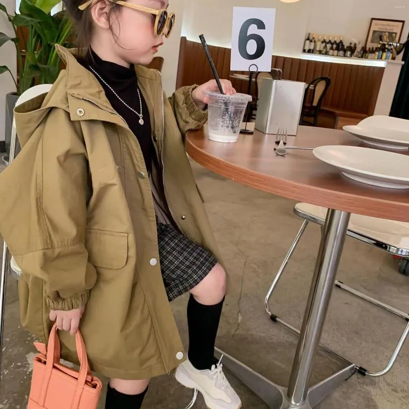 Coat Children's European-American Hooded Windbreaker Thin 2023 Spring en Autumn Kids Girls Baby Mid Length Clothing Wind Break