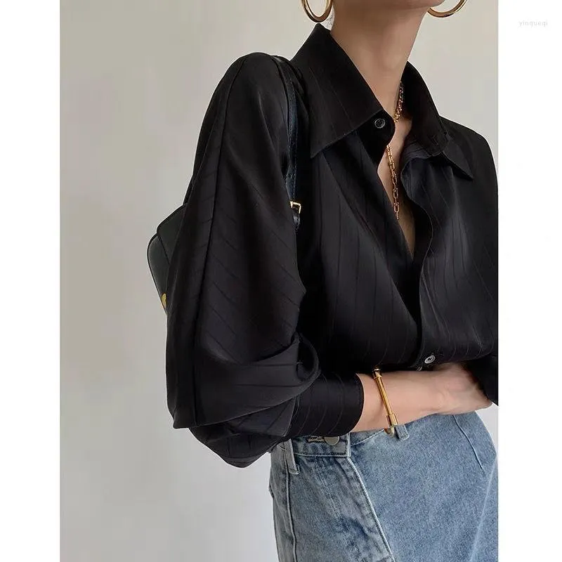 Women's Blouses DUOFAN Black Satin Stripe Women's Korean Chic Loose Casual Long Sleeve Shirt Female Lapel Vintage Design Sense Tops
