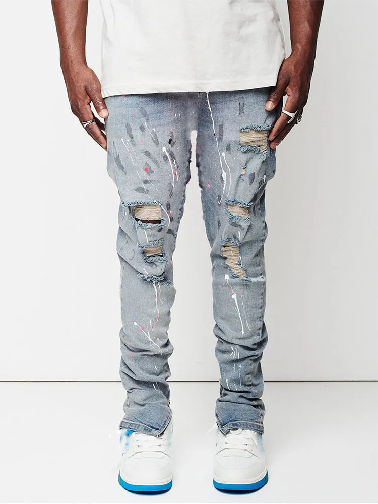 Mens Jeans Design Men Jeans Man paint Slim Fit Cotton Ripped Denim pants Knee Hollow Out Light blue Jeans for Men Streetwear 230323