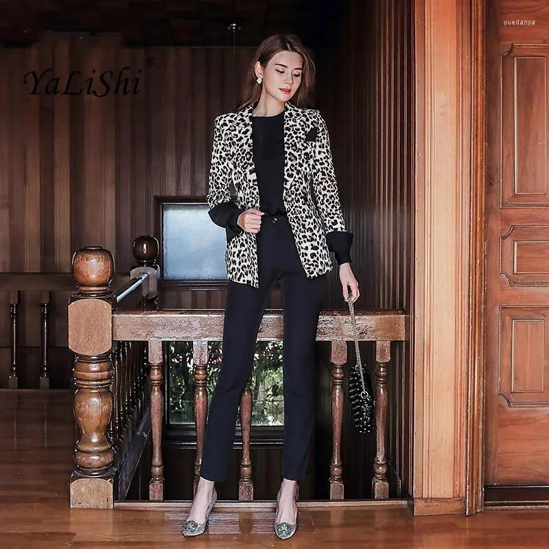 Ternos femininos Plus Tamanho Autumn Winter Women Fashion Coats 2023 Leopard Manga completa Terno entalhado Toço vintage Blazer