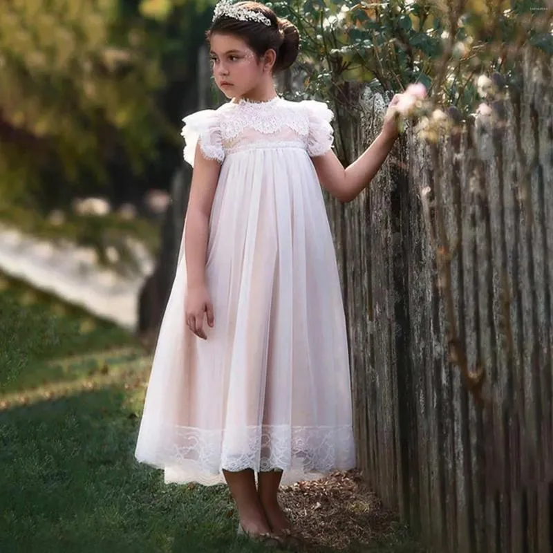 Vestidos de niña por encargo Hasta el suelo Encaje Mangas cortas Preciosas Cintura imperio Vestido de niñas con flores