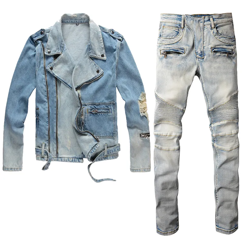 2023 Tracksuits Vintage Biker Men's Pant sätter ljusblå rippad hål Zip denimjacka och stretch jeans smal passande flerficka 2 st män kläder