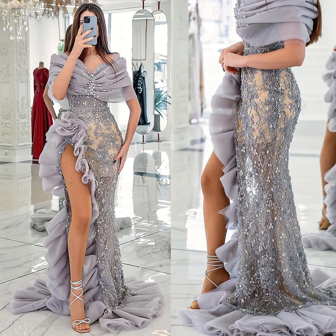 Gray A Line Satin Off Shoulder Lace Appliques Prom Dresses With Pockets, PL465