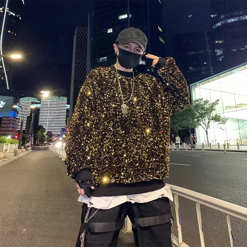 QNPQYX New Twinkling Colors Sequins Men's Hoodies Sweatshirts Reflective Hip-Hop Pullovers Singer Stage Streetwear Christmas Party Tops