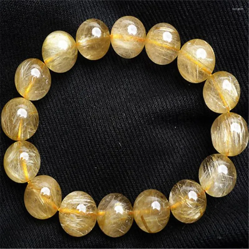 STRAND 13 mm Brazilië Natuurlijk geel goud Rutilated Quartz Crystal Round kralen stretch charme vrouwen mannen armband