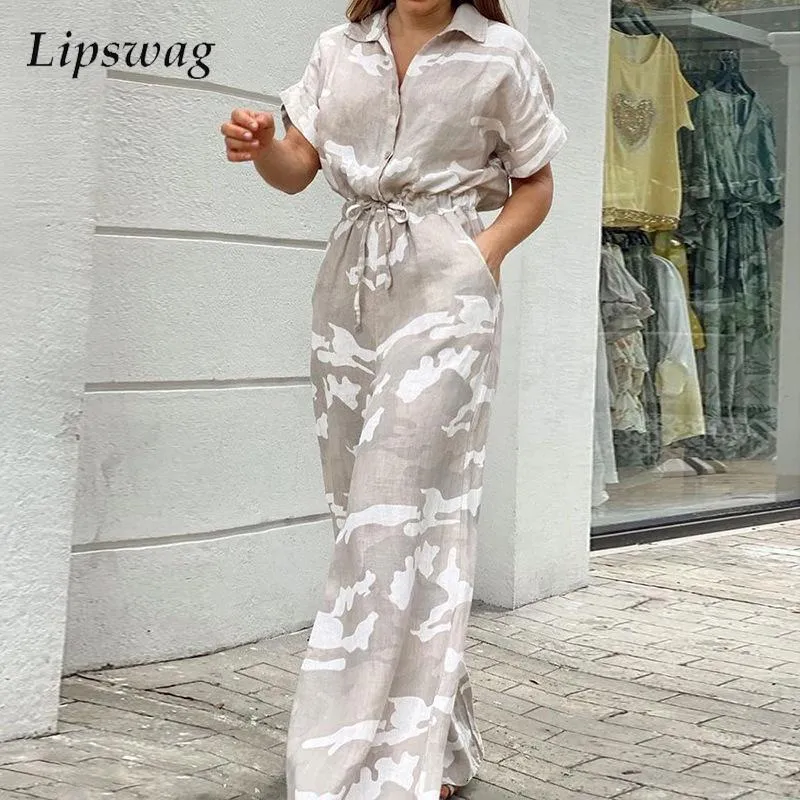 Women's Jumpsuits Rompers Summer Women Camouflage Print Playsuit Fashion Ladies Wide Leg Romper Overalls Casual Waisted Drawstring Lace-up Shirt Jumpsuits 230323