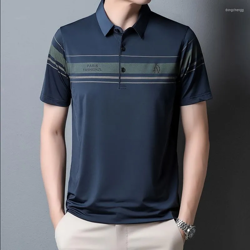 Herenpolo's #6024 Zwart blauw Polo shirt met korte mouwen Polo shirt Men Turn Down kraagknoppen slanke dunne kantoor van middelbare leeftijd t gedrukt zomer