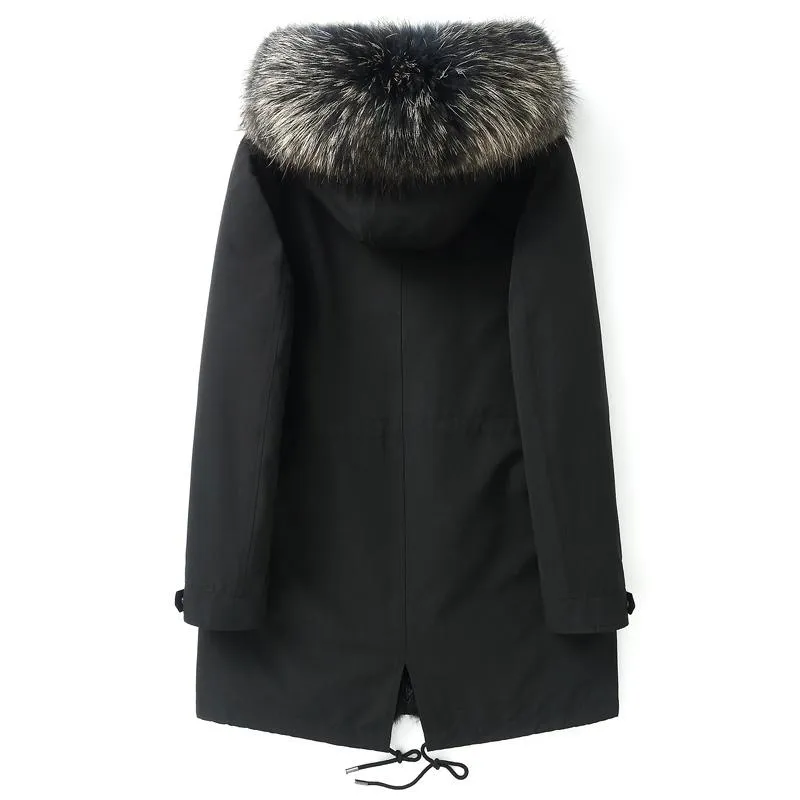 Giacca da uomo in pelle sintetica invernale da uomo Abbigliamento 2023 Fodera in pelliccia calda e spessa Lunga Parka Hombre Streetwear Raccoon con cappuccio 19006