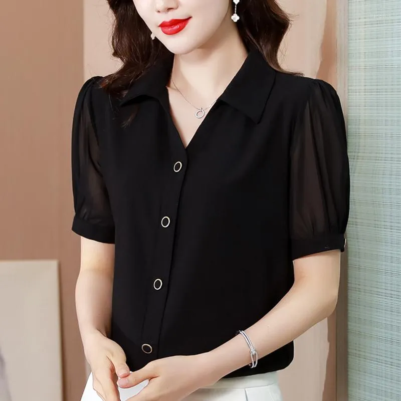 Women's Blouses Chiffon Shirts Women's 2023 Summer Simple Casual Solid Color Short Sleeve Black White Basic All-Match Shirt Tops