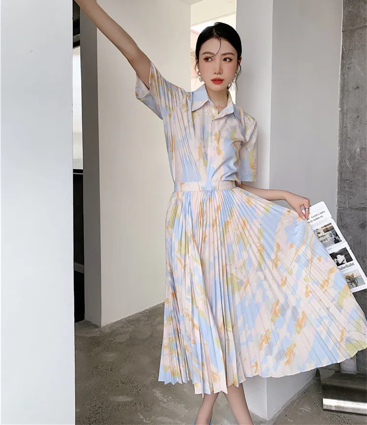 Faldas Verano Tie Dye Impreso Camisa de manga corta Top Cintura alta Falda larga plisada Mujeres Moda coreana Trajes de 2 piezas 230322