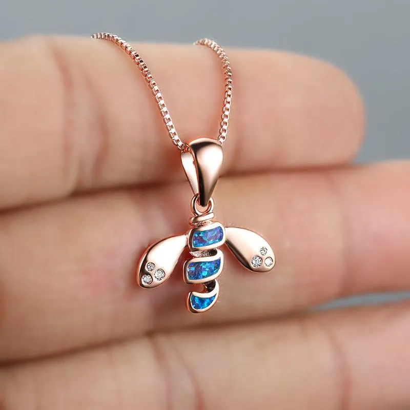 Hanger kettingen vrouwelijke schattige kleine bijen ketting blauw opaal steen dierroos rosé goud ketting voor vrouwen bruiloft sieraden