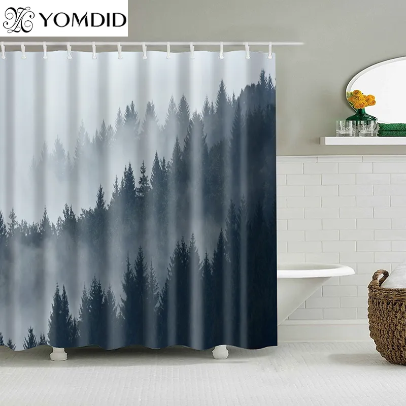 Shower Curtains Forest Heavy Fog Scene Shower Curtains Fabric Polyester Bath Curtain With Hooks 3d Printed Natural Landscape Bathroom Curtains 230323