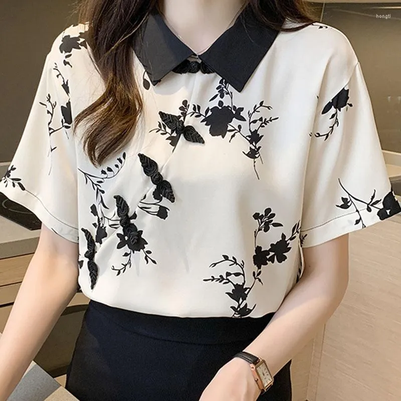 Bluzki damskie 2023 Summer Mody Damskie Topy i bluzka w chińskim stylu z krótkim rękawem koszule szyfonowe Blusas Femme Odzież Casual