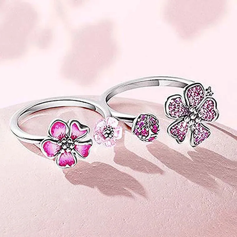 925 Sterling Silver Band Double Finger Peach Blossom Flowers Ring Fit Pandora biżuteria zaręczynowy ślub miłośnicy mody pierścionek