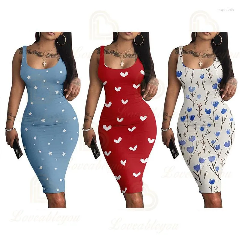 Casual Dresses 2023 Summer Busty Women's Vintage Print Sleeveless Dress Slim Tank Midi Long Bodycon