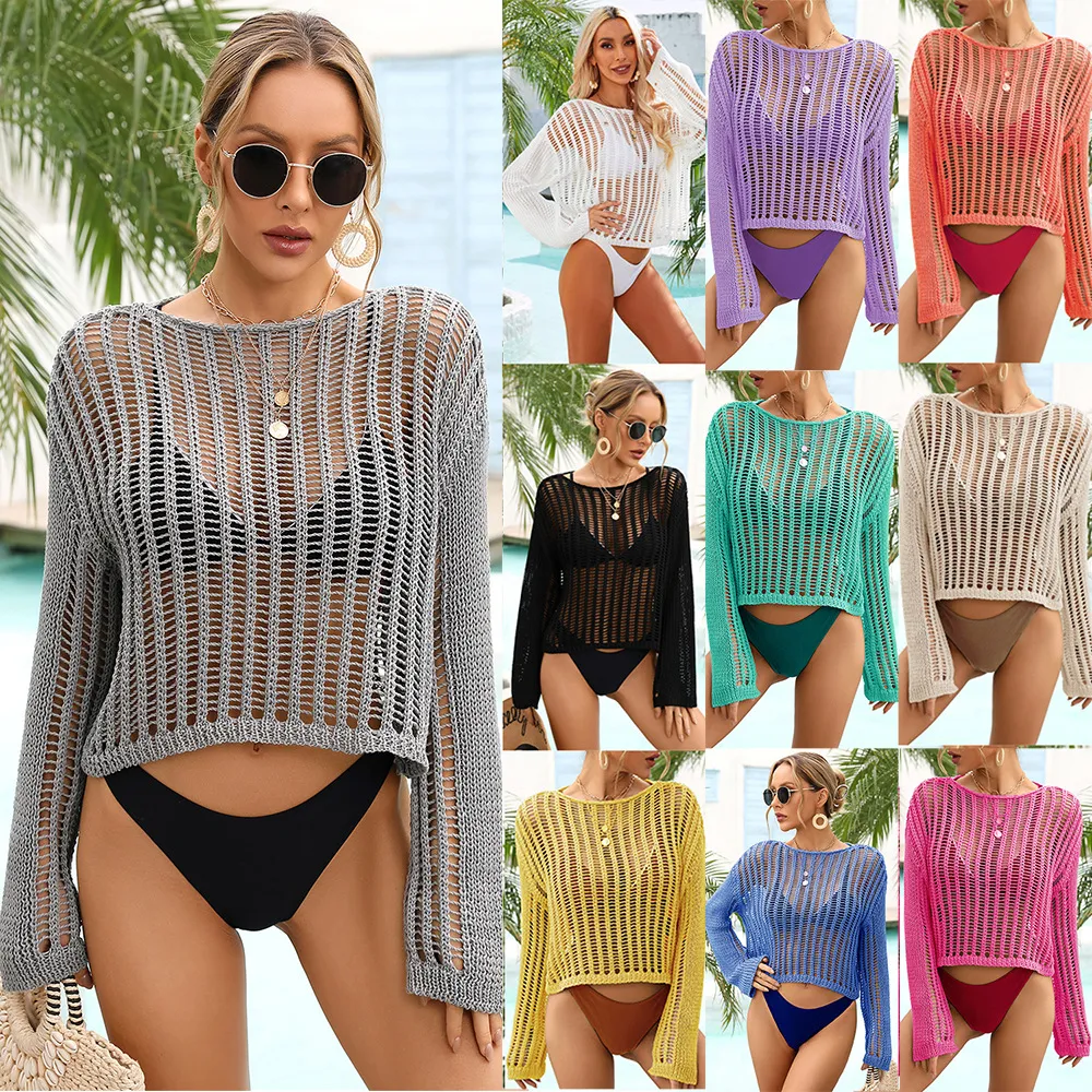 Blusa de playa calada de punto Sexy para mujer, Color sólido, calado, transparente, manga larga, protector solar