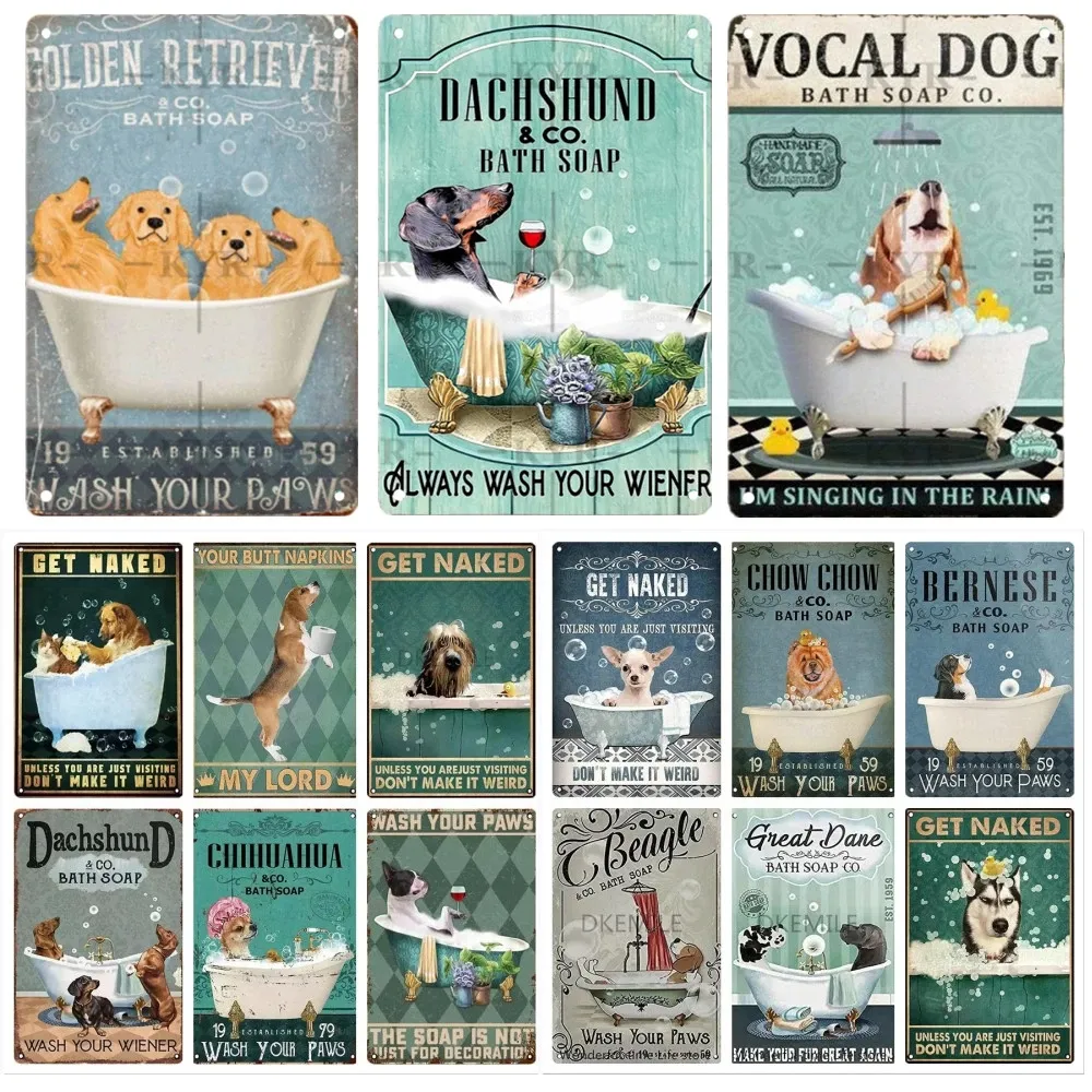 Dachshund Metal Tin Sign Bathtub Dog Vocal Dog Bathing Brush Soap Foam Poster Golden Retriever Retro Toalett Bar Badrum Dekor 30x20cm W03